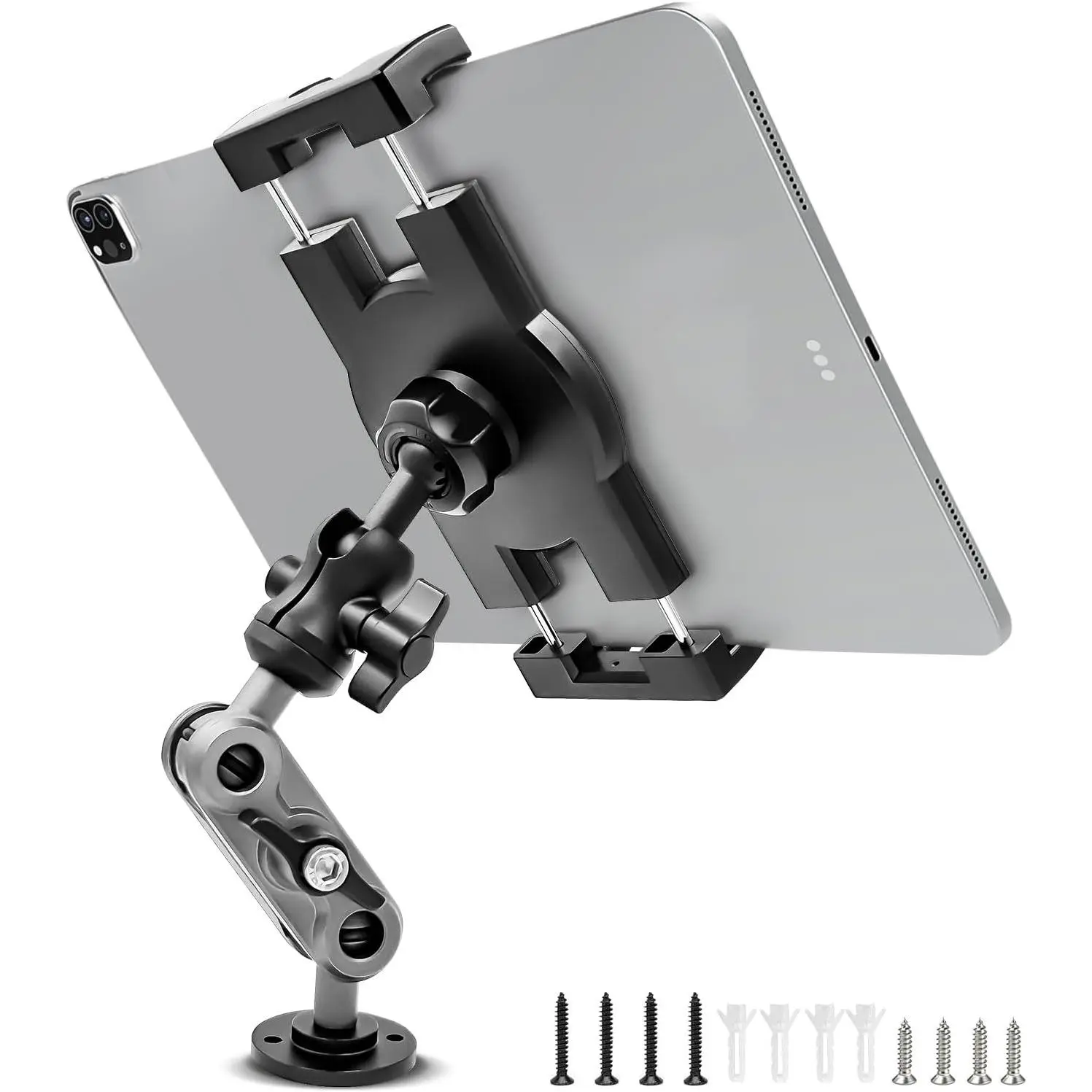 Porfortop Aluminum Heavy Duty Drill Base Tablet Holder Car Mount Dashboard, 360° Adjustable 2-Stage Stand for 4.7-12.9" iPad Pro/Air/Mini/Galaxy Tab, for Car Truck Wall Desk Commercial Vehicle