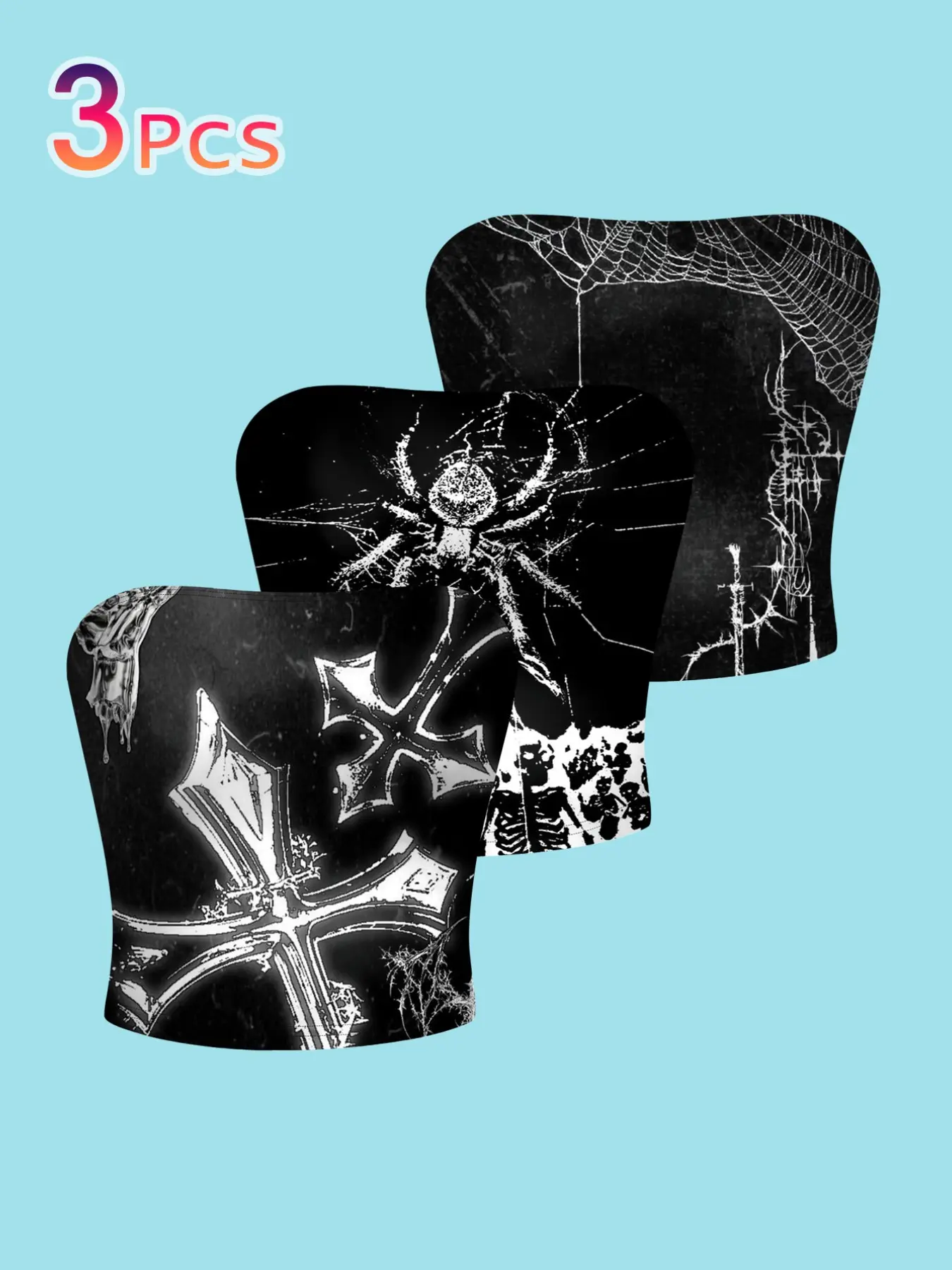 3 Piece Punk Gothic Cropped Tube Top Set, Women's Summer Cross Spider Web Print, Slim Fit Shoulderless Crop Tops, Streetwear Fashion