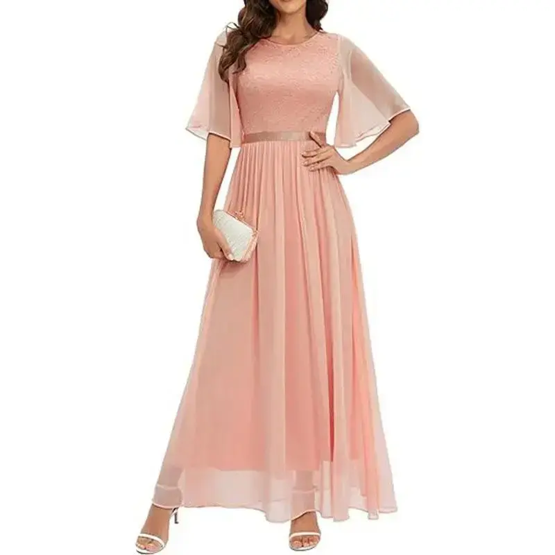 [Lace Bridesmaid Dress for Wedding] Solid Lace Aline Bridesmaid Dress, Elegant Crew Neck Dress For Wedding Party, Women's Clothing Wedding/Occasion/Engagement/Ceremony/Evening dress Womenswear Basic