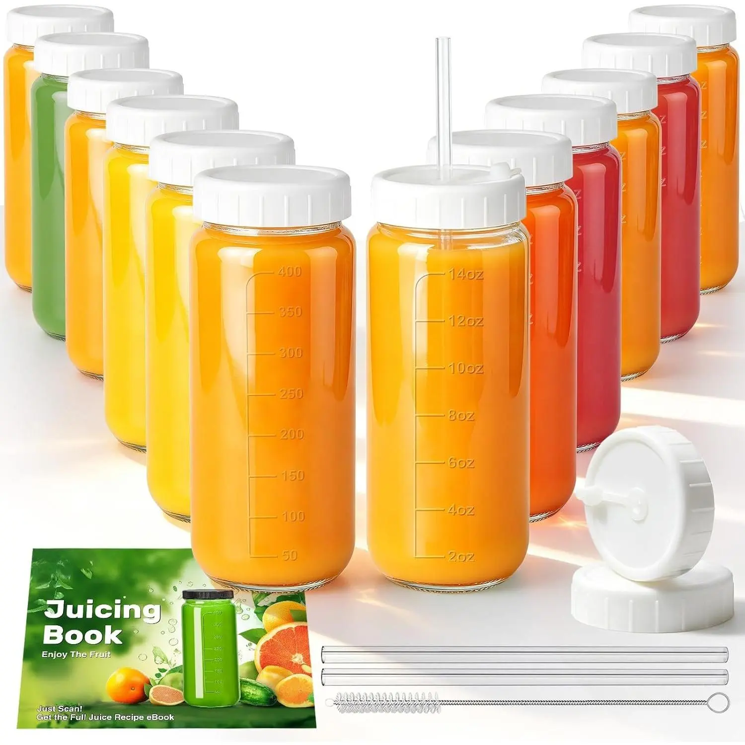 Glass Juice Bottles,Juicing Bottles,Smoothie Bottles,Juice Containers,Glass Bottles with -Leakproof Airtight 16 oz 12 Pack for Meal Prep-with Straws for Juice,Iced Coffee,Kombucha