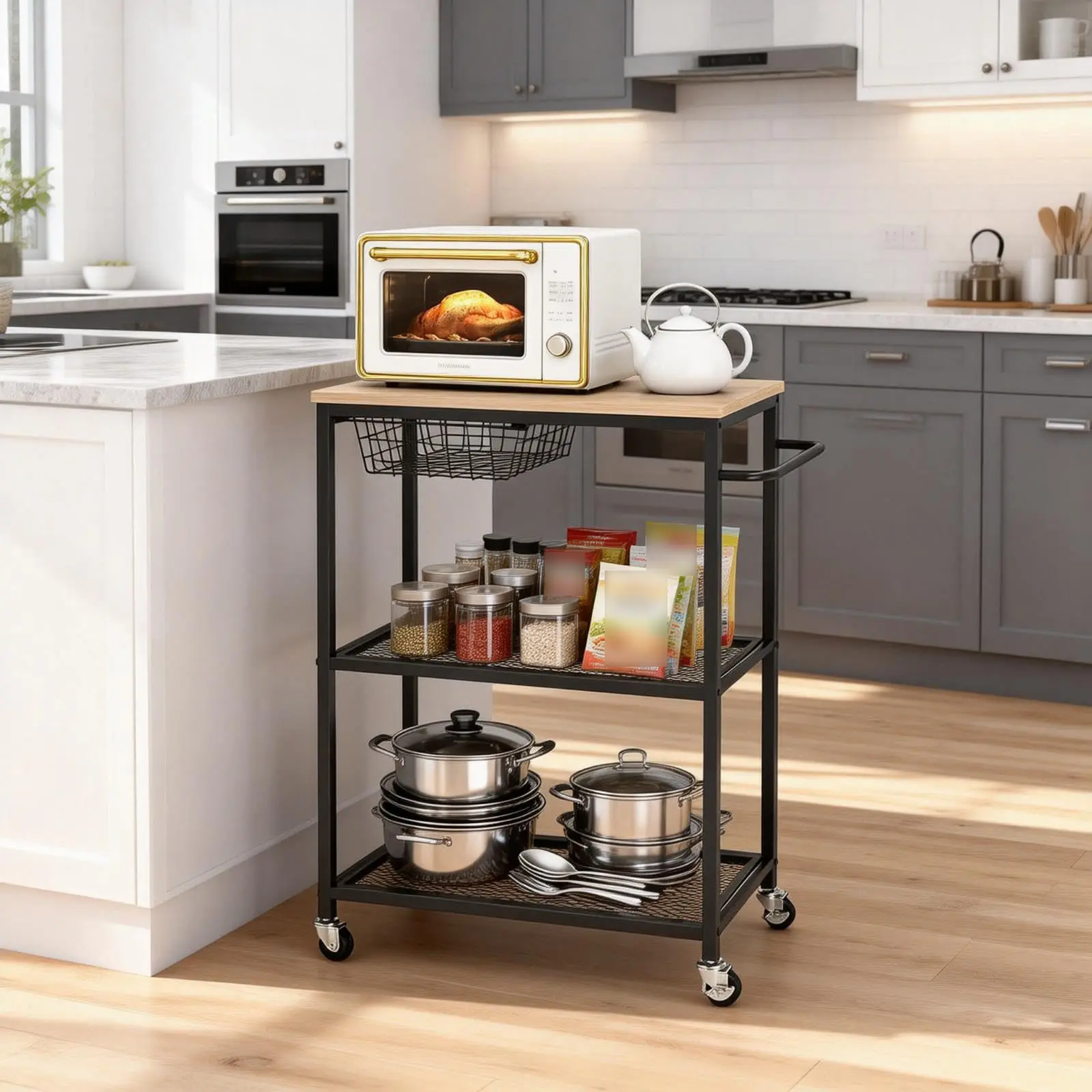 Rolling Kitchen Microwave Cart, 3 Tier Microwave Table Stand with Storage, Kitchen Utility Cart on Lockable Wheels, Small Coffee Cart Shelf Rack Organizer for Kitchen Island Coffee Bar Office