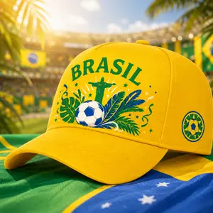 Yellow Curved-Brim Baseball Dad Hat for Men - Brazil Fan Cap with Soccer Ball, Christ Redeemer, Tropical Leaf Graphics - Summer Outdoor Travel Streetwear Accessory