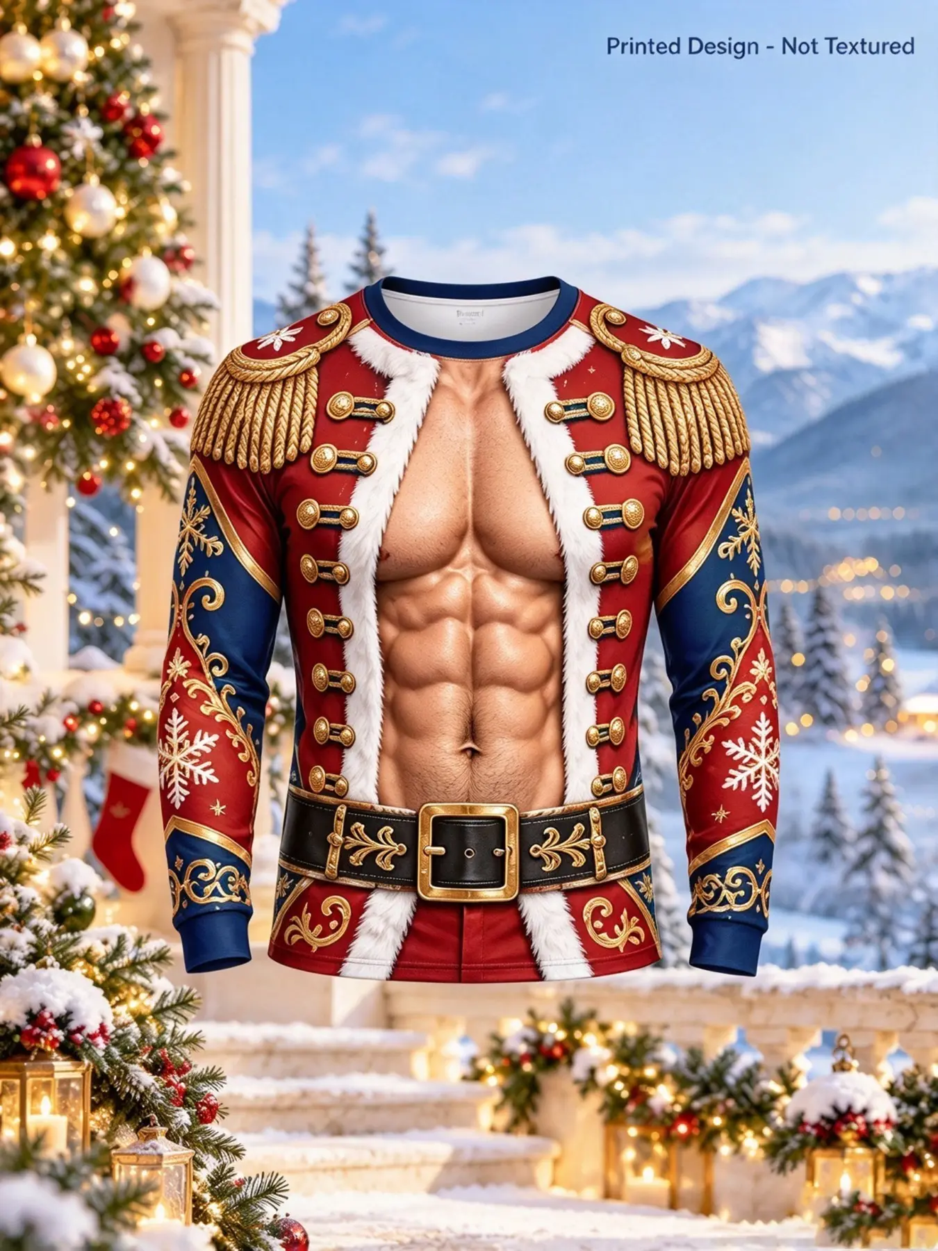 Men's Christmas Nutcracker Costume 3D Print Round Neck Long Sleeve T-Shirt, Holiday Muscle Visual Pattern Top, Casual Party Shirt