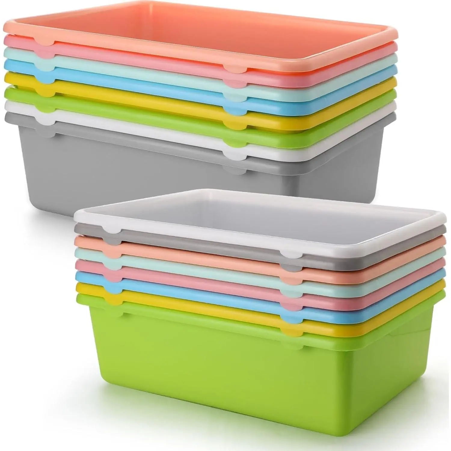 Dandat 16 Pcs Large Plastic Book Bins, 15.3" x 11.8" x 5.1" Stackable Scoop Front Storage Tubs, Bulk Cubby Storage Containers for Classroom, Library, School, Office, Home, Nursery & Toy Storage