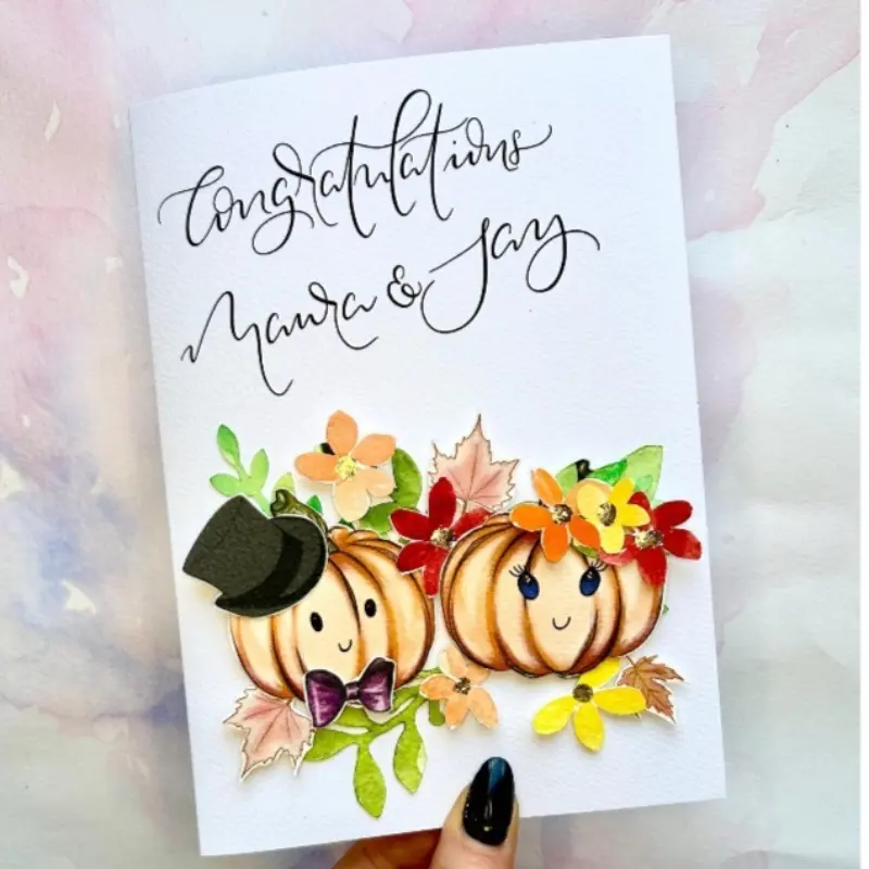 2card+2envelope Pumpkin themed wedding, engagement, anniversary card for couple with custom message, Halloween wedding, autumn | Gardener themed