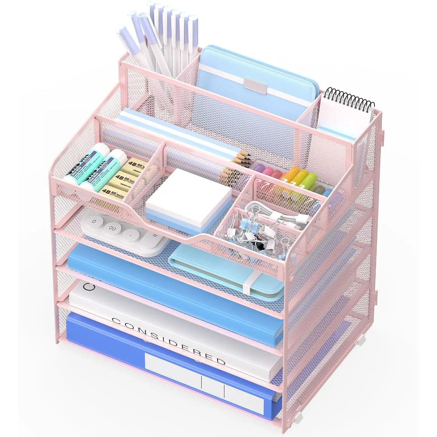 5 Tier Mesh Desk Organizer,Multi Functional Letter Paper Tray with 3 Pen Holders and 5 Adjustable Storage Compartments for Office Supplies Files and Mail Space Saving Desktop Organizer-