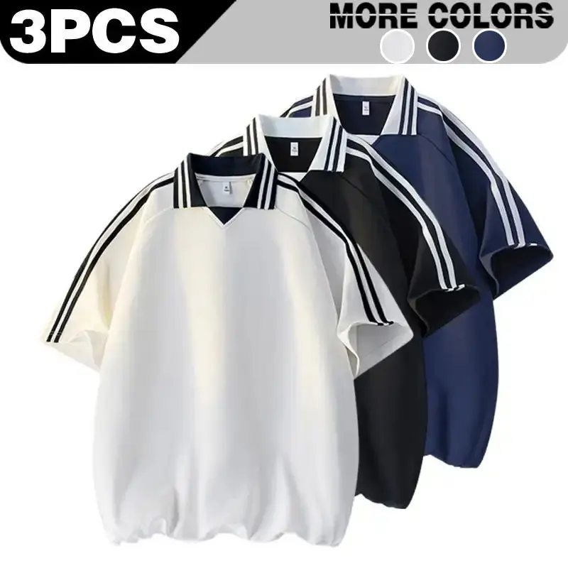 [ summer vibes] Men's Two Bar Contrast Retro V-neck Polo Shirt Summer Soft, Skin friendly, Loose, Breathable, Fashionable and Versatile Polo Shirt