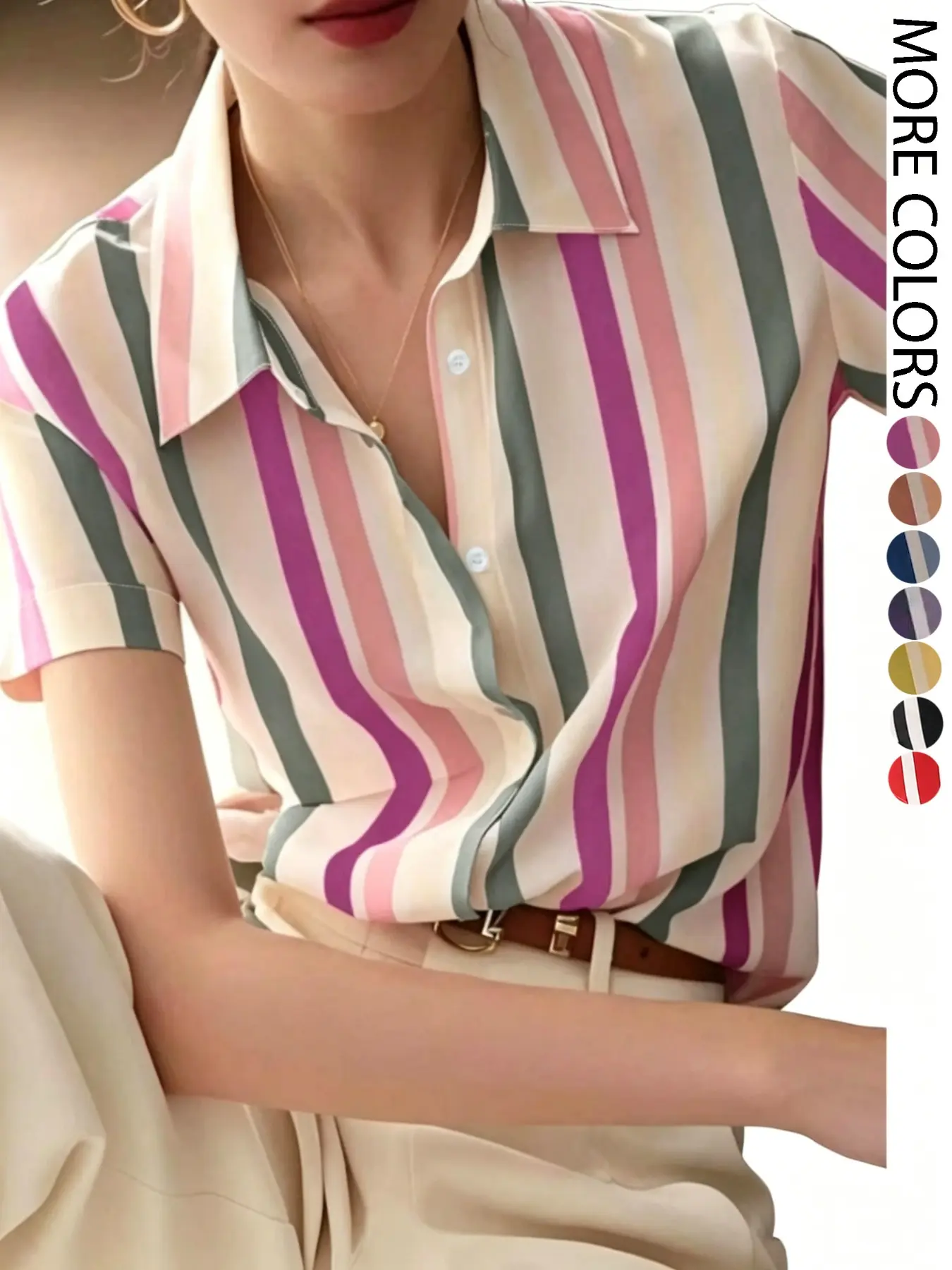 Color blocking lapel, vertical stripes, hanging sense, casual women's shirt buttons, light and mature style, commuting slimming short sleeved top, women's spring and summer new style, energetic and white versatile shirt