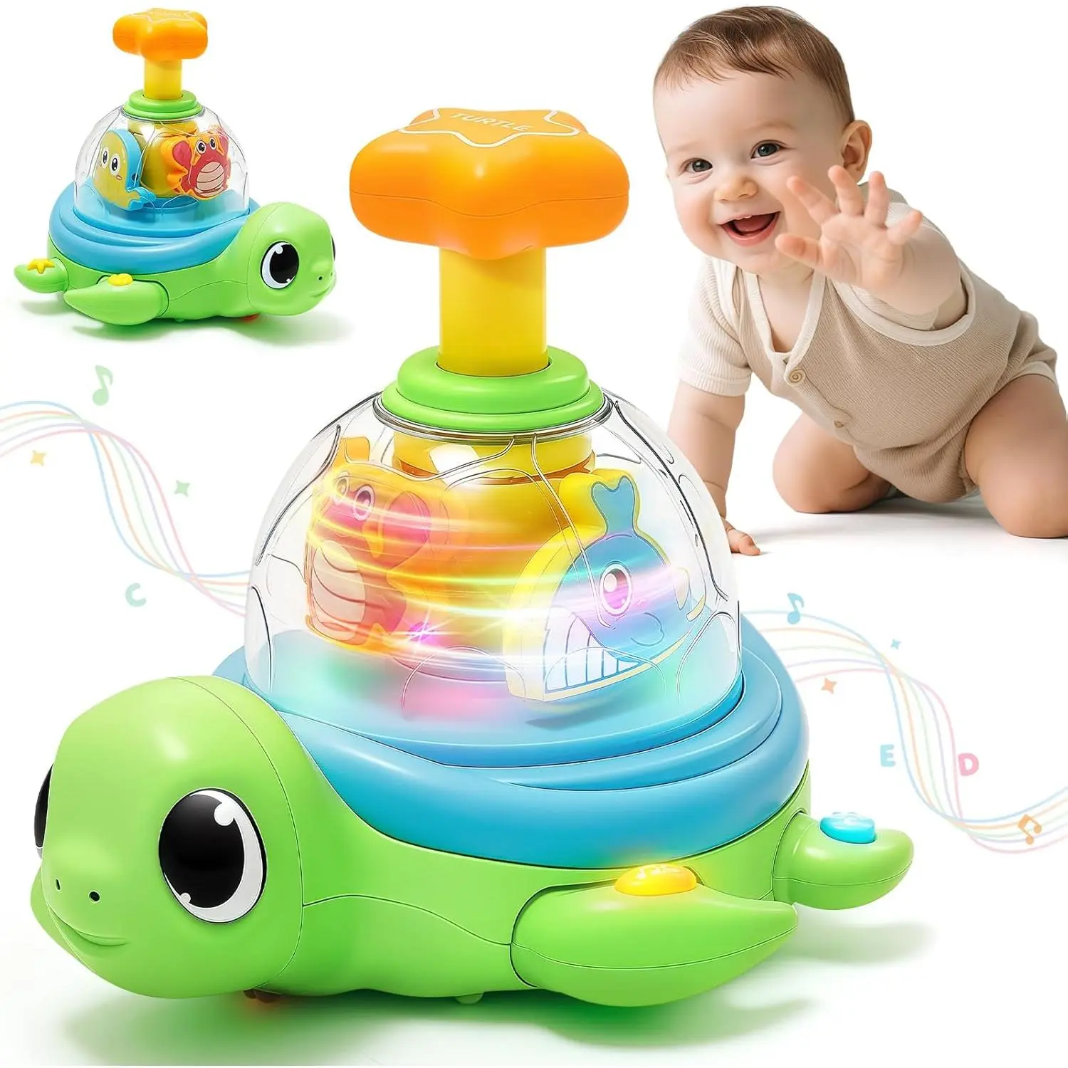 Press-to-Spin Turtle Baby Crawling Toy - Bilingual Music Learning, Light-Up, Abs-Infused, Encourages Crawling, Aids Hearing/Vision Development, Improves Fine Motor Skills, Tummy Time Early Learning, Gifts for 6-12 Month Infants (1 Year Old Boy Girl), Ocea