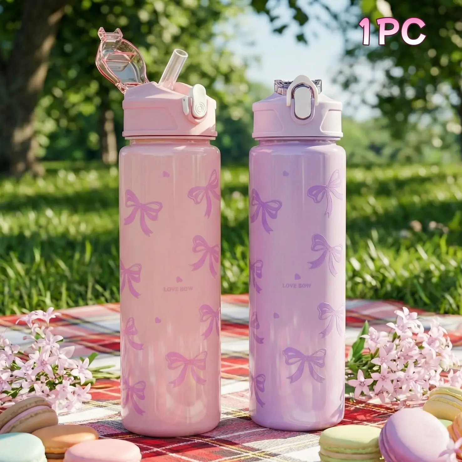 800ml Bow Design Plastic Lightweight Portable Water Bottle, Pop Up Flip Spout Leak Proof Straw Cup, Pink Purple Cute Aesthetic Travel Water Jug, Back To School Daily Drinkware, Valentine Christmas Gift For Teen Girls Women