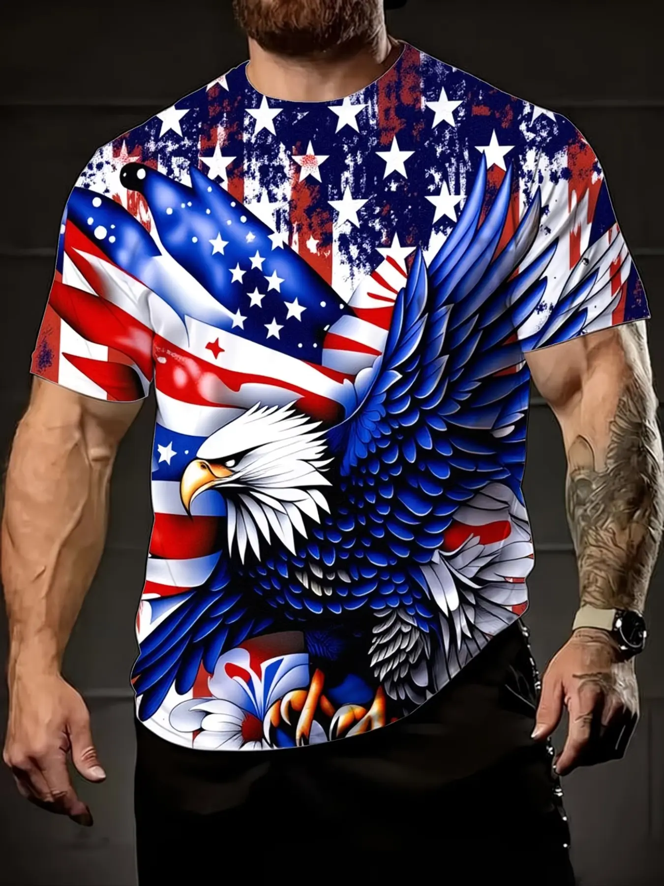 Men's Eagle and American Flag Design T-Shirt, 3D Print Short Sleeve, Round Neck, Casual Fitted Top, All Seasons, Plus Size, Trendy Sporty Style, Casual Summer Clothing