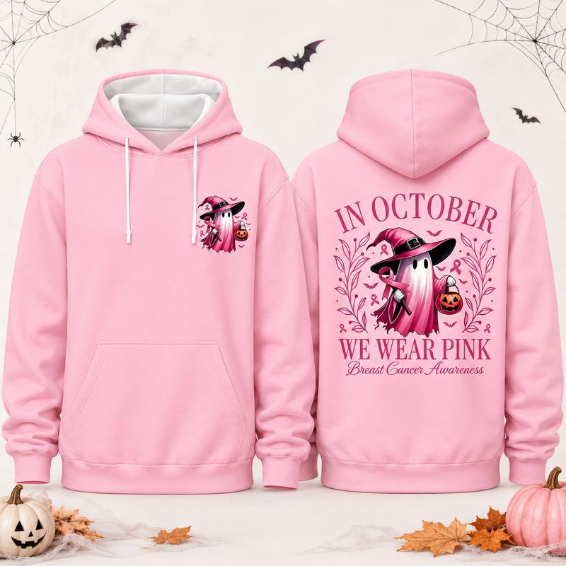 Women's Pink Ghost Graphic Breast Cancer Awareness Pullover Hoodie - Double-Sided Print, Long-Sleeve, Fall Casual Tops for Women, October Pink Initiative Casual Wear