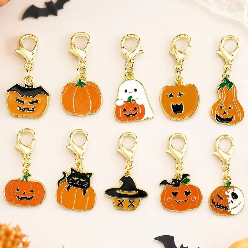10 Halloween Pumpkin Keychains, Cute Alloy Metal Key Rings with Lobster Clasp, Ideal Birthday Gift for Women, Multifunctional Versatile Bag Charm, Random Designs