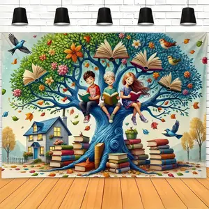 Book Tree Reading Banner Backdrop Literary Study Style Polyester Fiber Tapestry Wall Hanging Photography Background Classroom Library Home Office Party Education Event Indoor Outdoor Durable Fabric