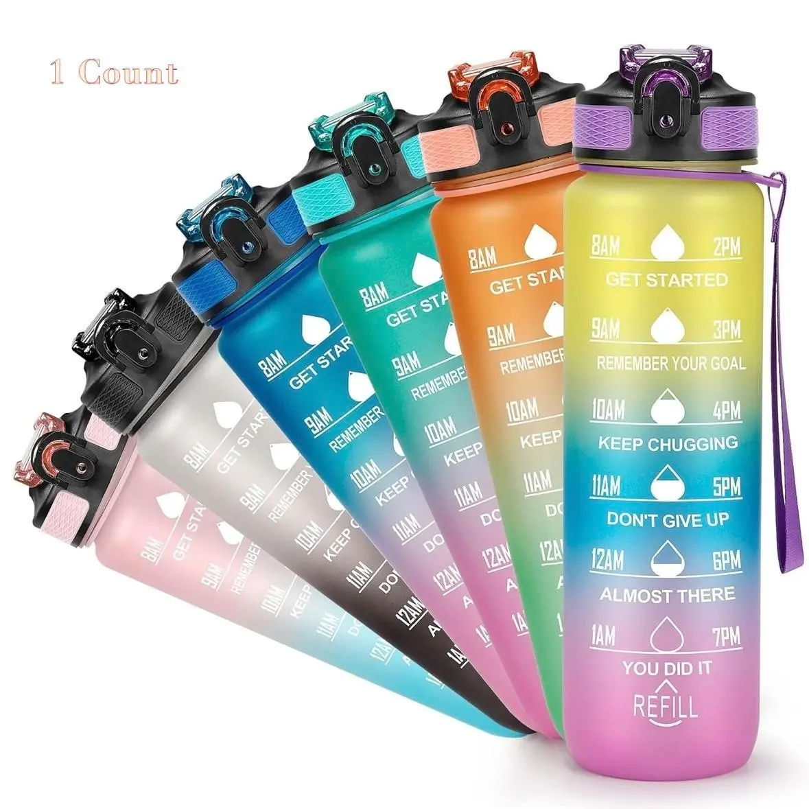 1L/34oz Sports Water Bottle with Straw and Drink Reminder, BPA-Free Leak-Proof, Ideal for Gym Yoga School Motivational Drinking