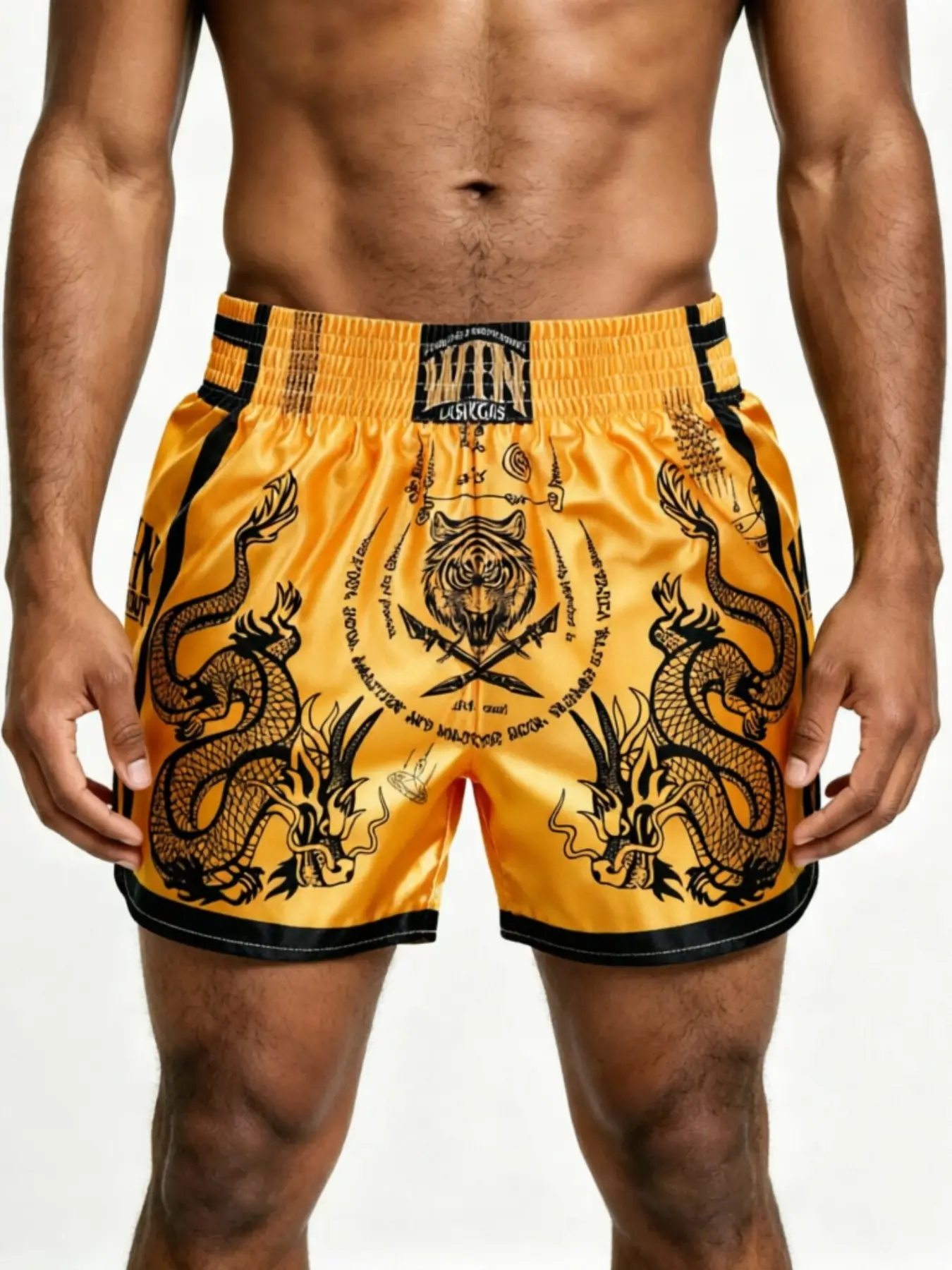 Men's Dragon Tiger Graphic Muay Thai Training Shorts | Breathable Quick-Dry MMA Boxing Trunks | Wide Waistband Kickboxing Gym Workout Shorts