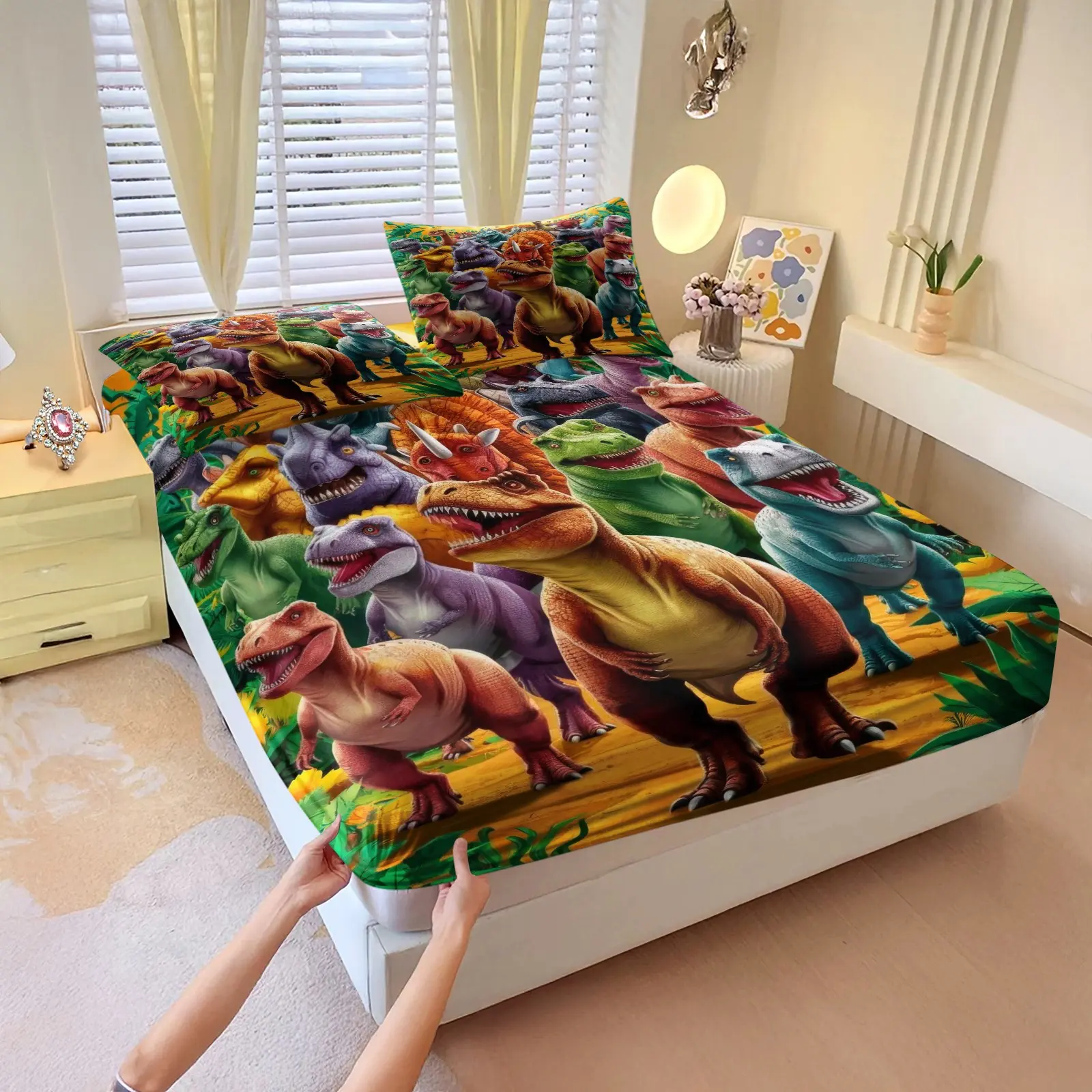 3Pcs Cartoon Dinosaur Pattern Fitted Sheet Set, Digital Print Bedding Set, All-Round Deep Pocket, Fun Dinosaur Themed Bed Linens for Boys Bedroom & Dino Lover Room Decoration. 2 Pillowcase, No Filling