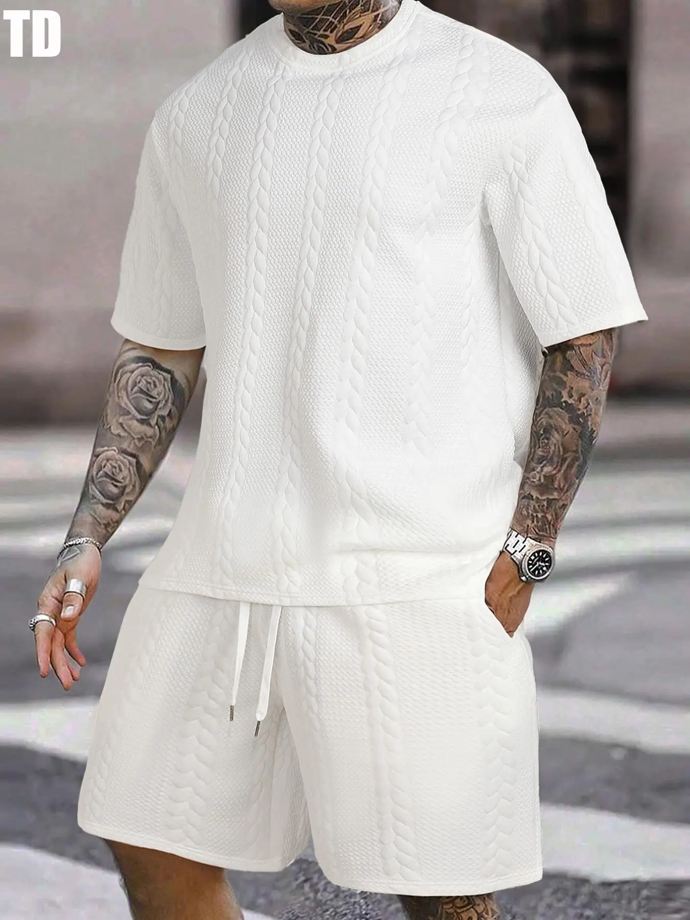 Men's 2 Counts Textured Drawstring Waist Shorts Set, Short Sleeve T-Shirt & Pocket Track Shorts, Casual Fashion Cozy Men Two-Piece Outfits For Spring & Fall Clothes