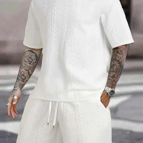 Men's 2 Counts Textured Drawstring Waist Shorts Set, Short Sleeve T-Shirt & Pocket Track Shorts, Casual Fashion Cozy Men Two-Piece Outfits For Spring & Fall Clothes