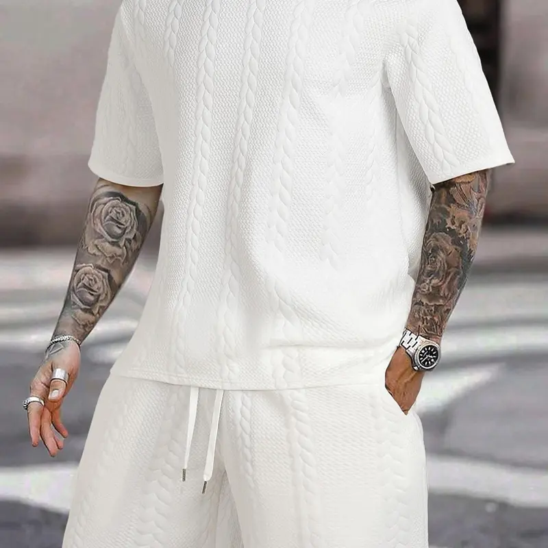 Men's 2 Counts Textured Drawstring Waist Shorts Set, Short Sleeve T-Shirt & Pocket Track Shorts, Casual Fashion Cozy Men Two-Piece Outfits For Spring & Fall Clothes