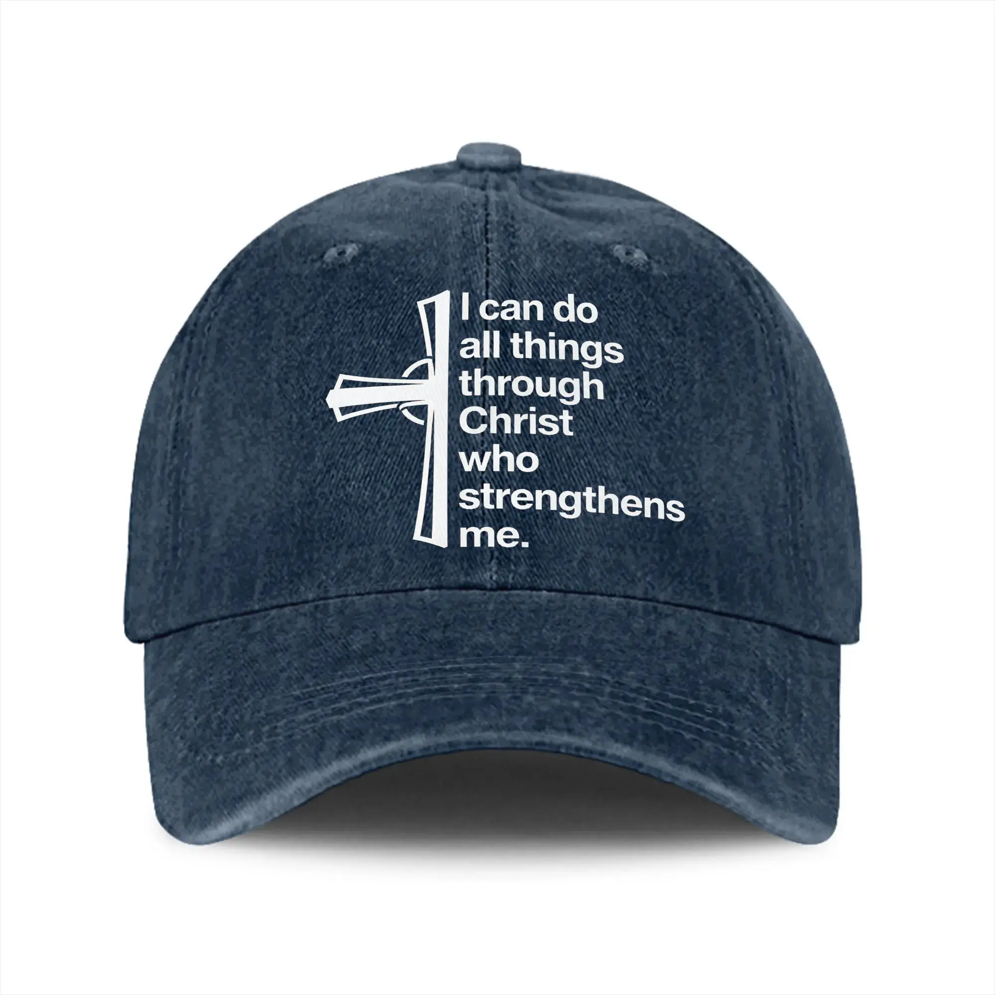 Stylish Washed Scripture Cross Print Baseball Cap with Philippians Quote, Adjustable Faith Dad Hat for Men Women. Retro Streetwear Sun Hat for Weekends, Travel & Church Events, Meaningful Spiritual Gift Accessory for Christian Family and Friends.