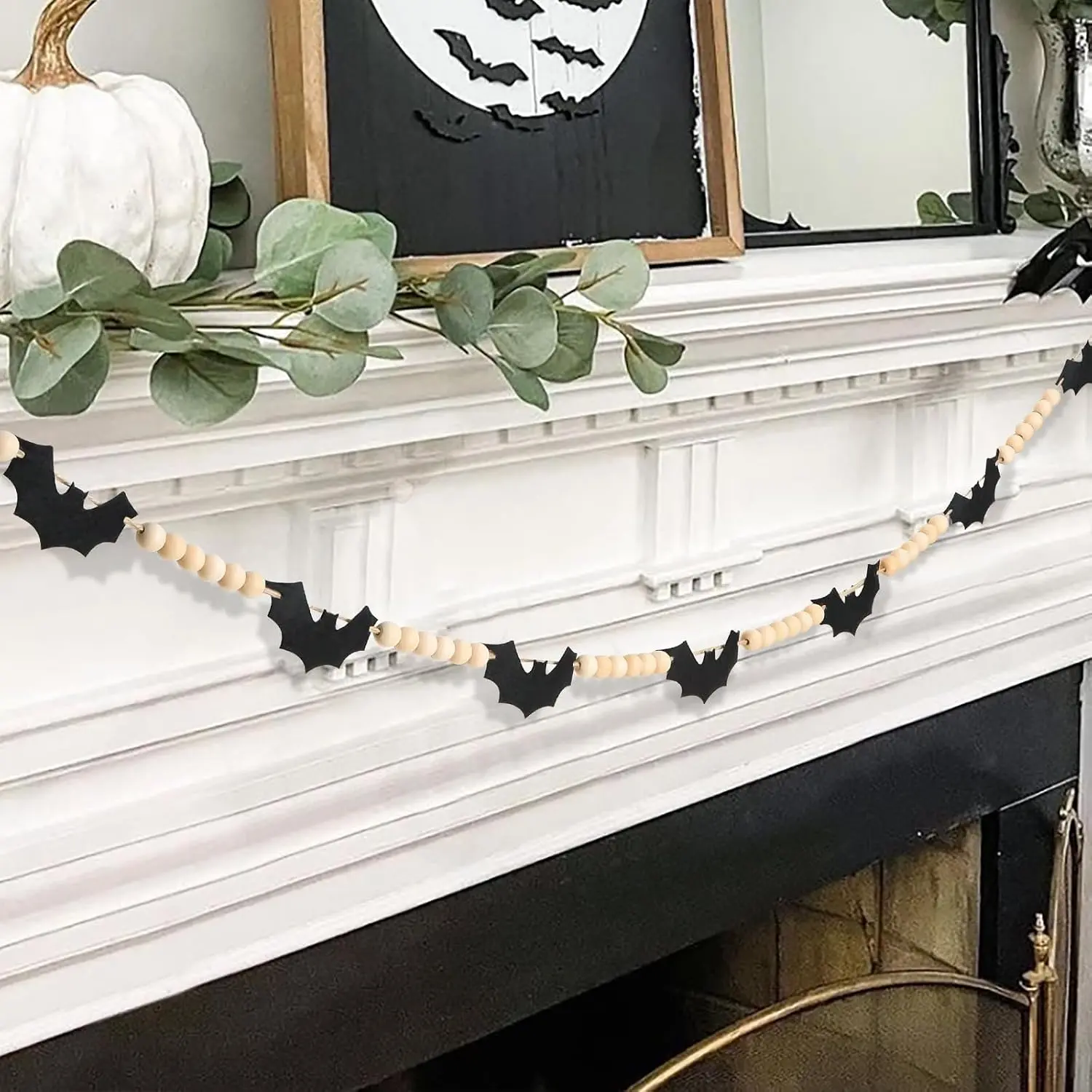 Halloween Decorations-Black Felt Bats  Beads Garland for Halloween Decorations Indoor-  Felt Banner for Fireplace Mantel Walls
