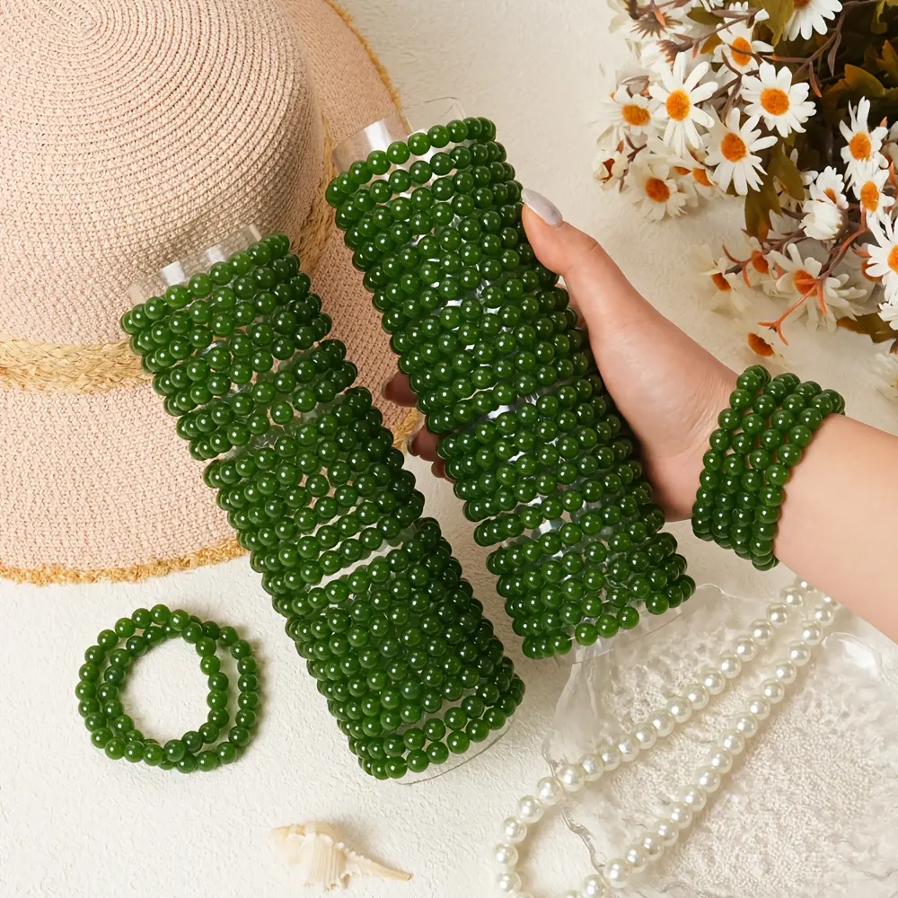 15-Piece Women's Beaded Bracelets, Handmade Green Stone Multi-Color Stackable Set with Elastic Fit for Casual Everyday Wear and Beachwear, Beaded Look, Casual Vibe, Everyday Use, Everyday Use Products, Unisex Wear