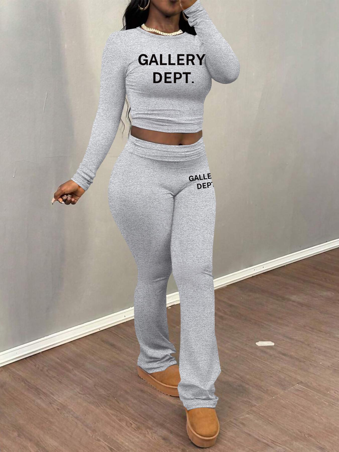 Women's Letter Print Fitted Crop Tee & Plain Flare Leg Pants Two-piece Set, Casual Fashion Round Neck Long Sleeve Top & Bell Bottom Trousers for Daily Outdoor Wear, Women's Clothing for Fall & Winter