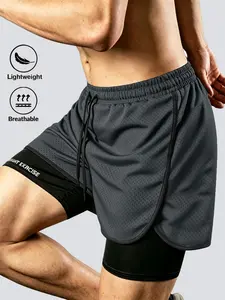 Men's Sporty Fitted Shorts, Fake Two-Piece Design, Ideal for Running and Gym Workouts, All-Season Wear, Letter Pattern