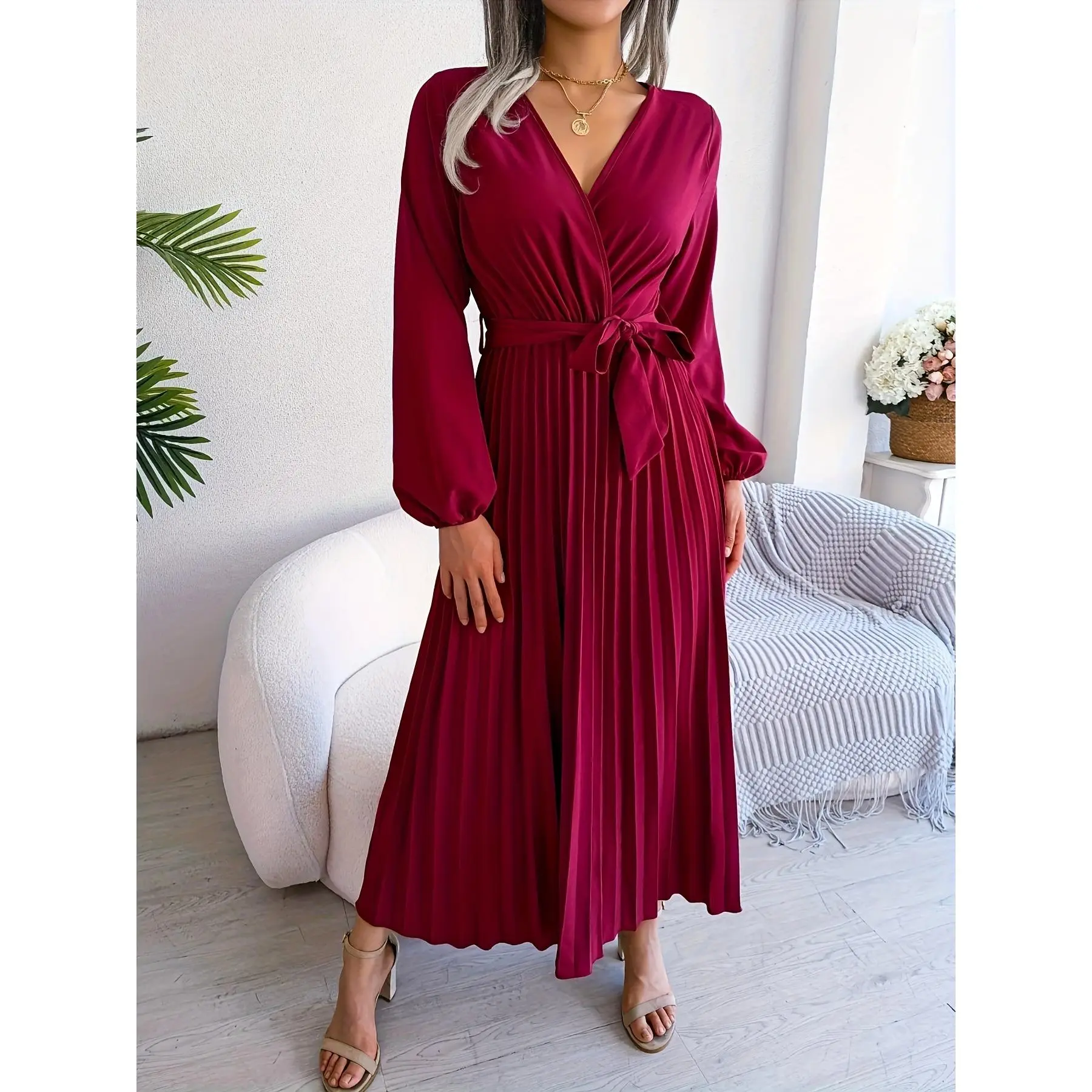 Micro-Elastic Tunic Dress – Solid Pleated V-Neck with Lantern Sleeves & Belt, Perfect for Adult Women's Fall/Winter Fashion