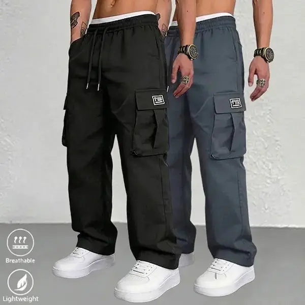 Pack of 2 — Men’s stylish, lightweight design! Long pants set — slanted pockets — versatile casual styling — suitable for everyday wear and sports; spring/summer style with an elastic waistband and single-sided embroidered logo.