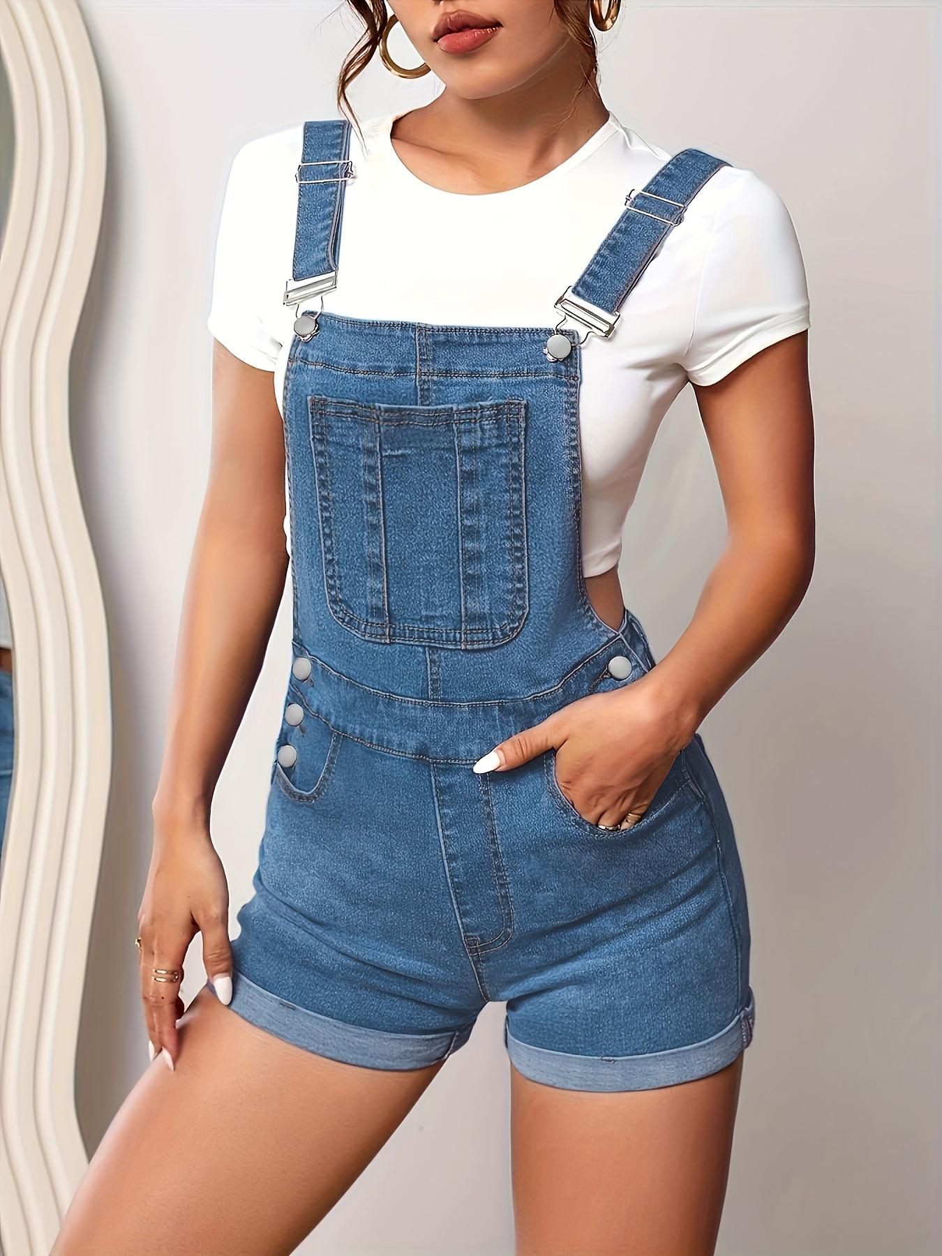 Women's Solid Color Button Fly Denim Overalls, Casual Chic Comfy Skinny Overalls for Daily Wear, Ladies Clothes for Summer