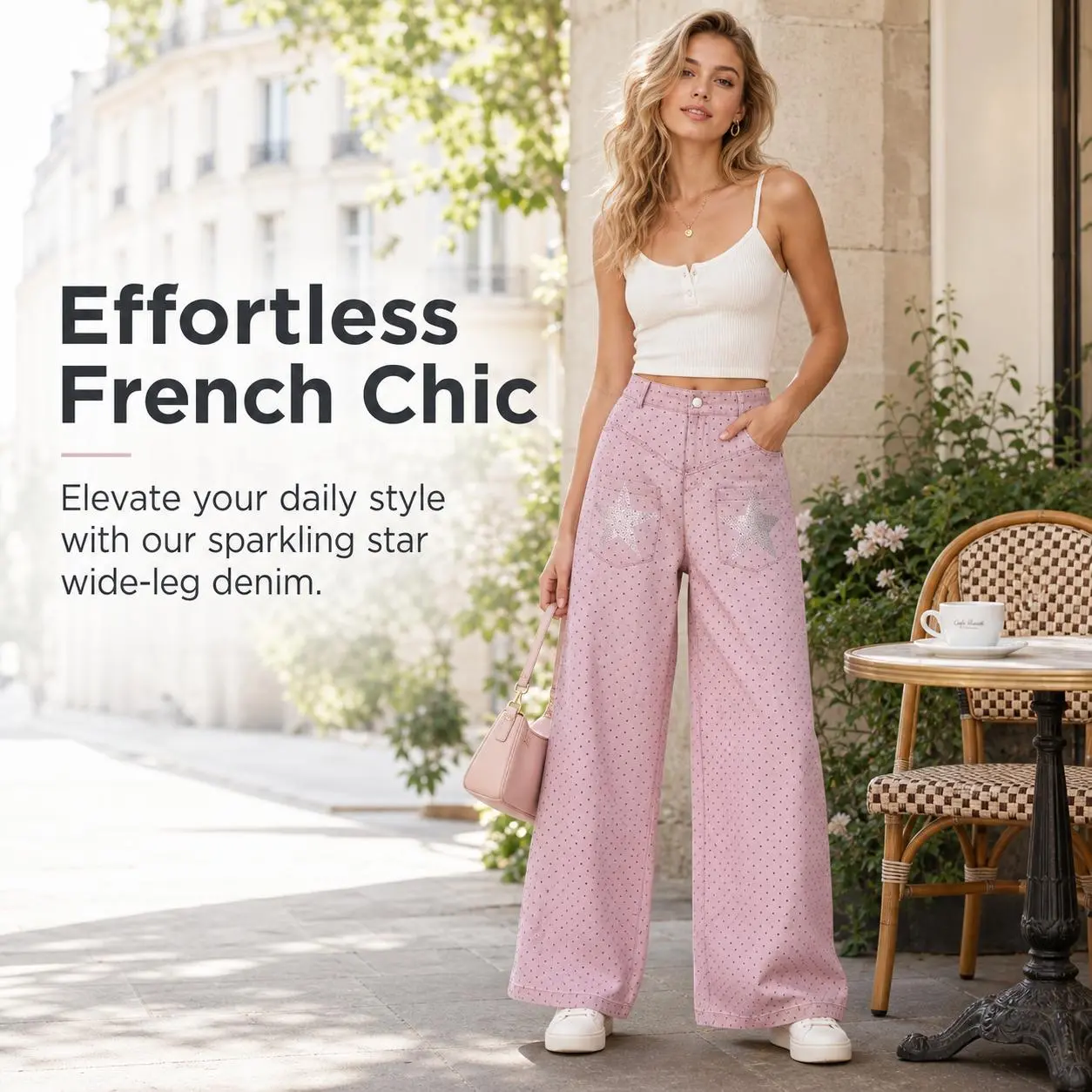 Women Pink Polka Dot Wide Leg Jeans, Rhinestone Star Patch High Waist Baggy Full Length Denim Trousers