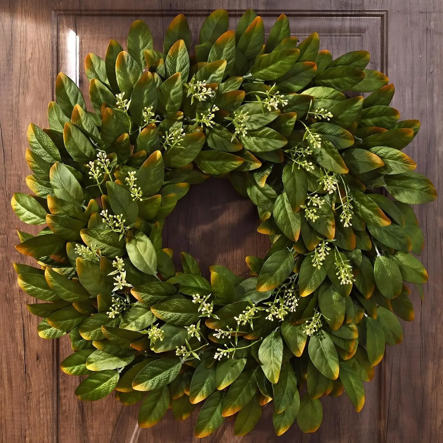 26" Artificial Eucalyptus Wreath, Fall Wreaths for Front Door | Early Fall Greenery Outdoor Wreath for Porch   Decor, Green to Yellow Transition Foliage & Beige Berries