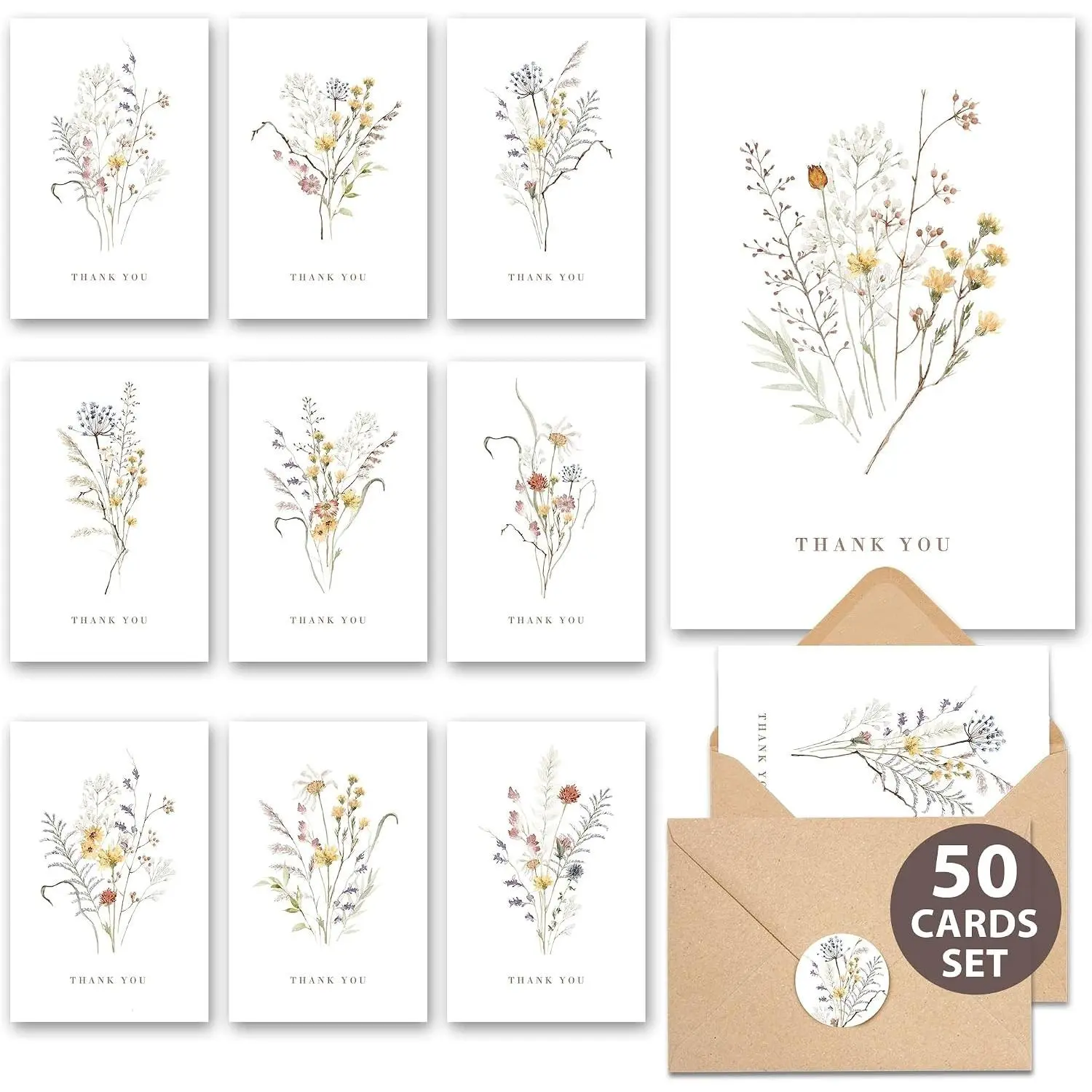 Wildflower Thank You Cards with Envelopes (50 Pack 3.5" x 5.2") – Floral Thank You Notes with Adhesive Envelopes & Matching Stickers for Weddings, Baby & Bridal Showers