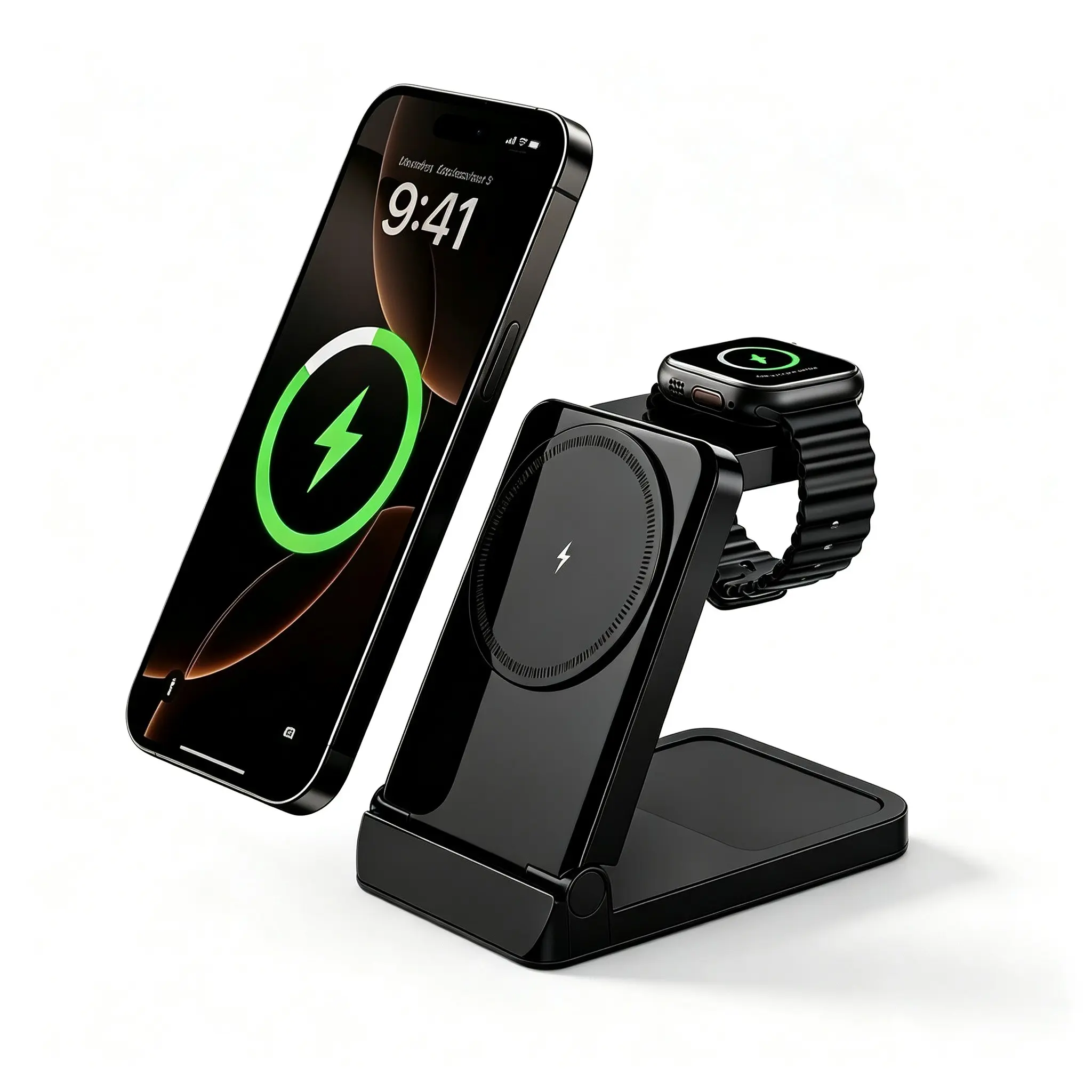 3 in 1 Foldable Wireless Charging Station, 15W Magnetic Portable Wireless Charger Stand, Multifunctional Charging Dock Compatible with iPhone 17/16/15/14/13/12 Series, Apple Watch & AirPods Pro All Series for Travel Office Bedside