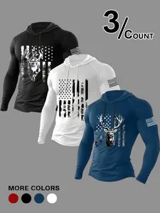 3-Pack Men's Hooded Long Sleeve Tops With Flag Antler Print