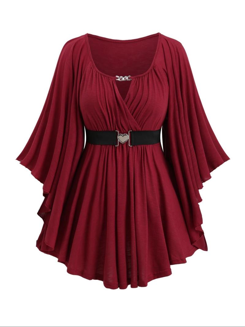 【Plus Size】 Solid Color Cut Out Belted Wrap Tee, Casual Flounce Sleeve Pleated Hem T-shirt for Fall & Winter, Women's Clothes for Daily Wear