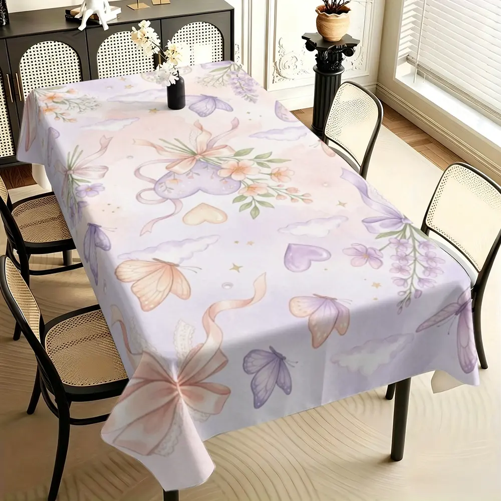Girl's Heart Party Tablecloth, Pink and Purple Soft Fog Background with Butterfly, Bow and Flower Watercolor Design, Durable Wrinkle-resistant Fabric, Used for Birthday Parties, Bridal Parties, Baby Showers and Indoor Celebration Banquets.