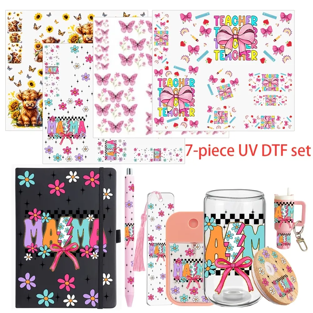 Mix 5 Sheets Of 7pcs UV DTF Wraps, Suitable for 16oz Cups And Lids, A6 Notebooks, Ballpoint Pens, Spray Bottles, And Bookmarks for DIY Crafts Decor Creative Gifts6