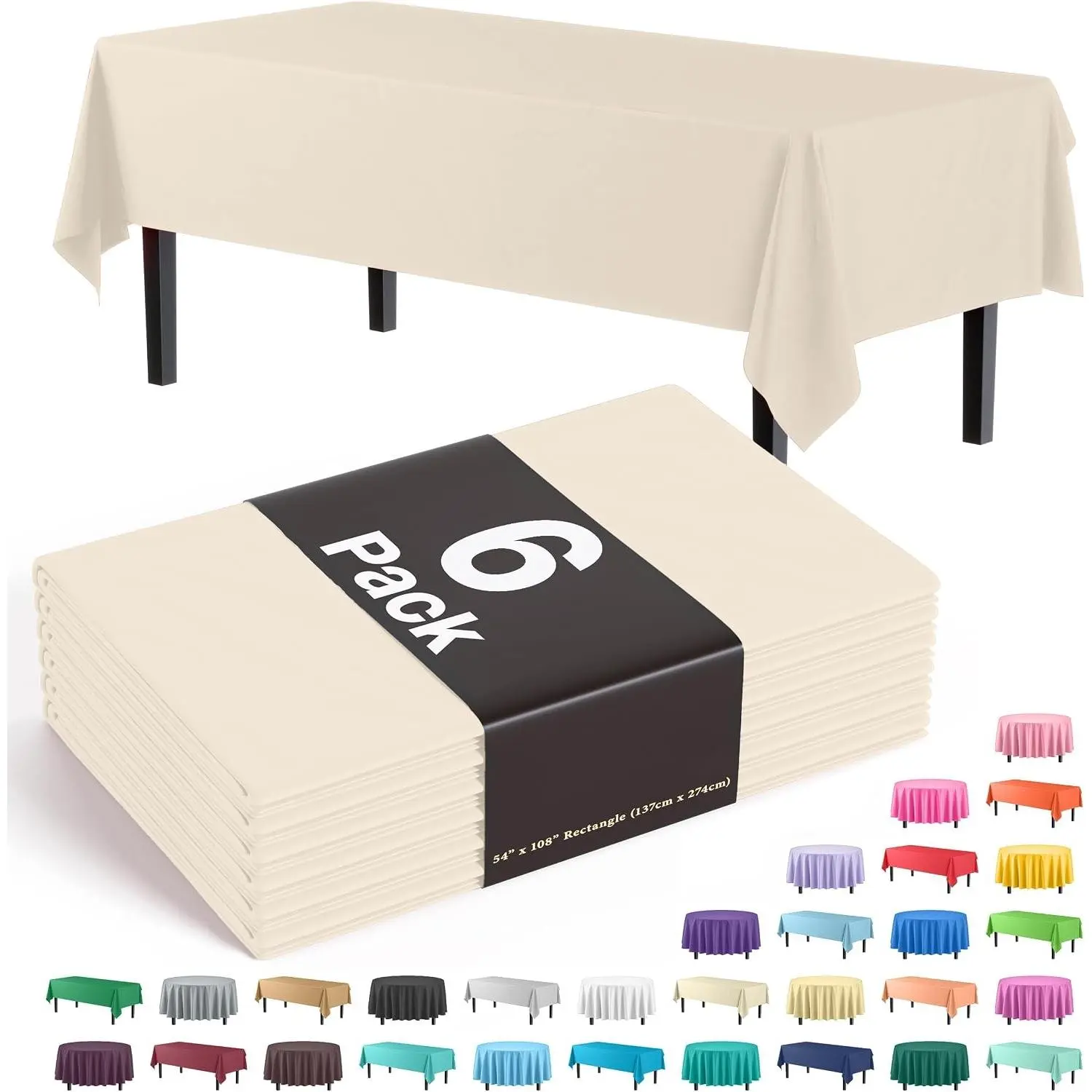 Exquisite Party Solids 6-Pack Premium Plastic Tablecloth 54in. x 108in. Rectangle Plastic Table Cover - Ivory