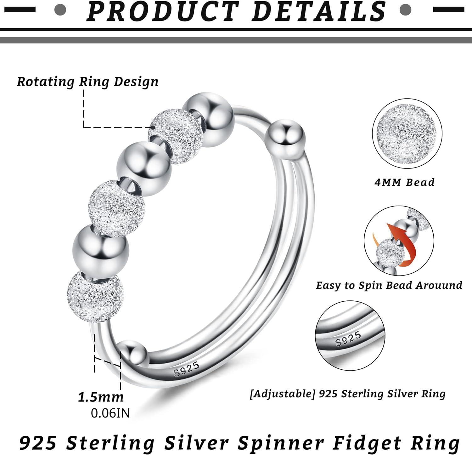 MILACOLATO 925 Sterling Silver Anxiety Ring Women's with Movable Beads Anti-Stress Ring Spinner Decompression Ring Adjustable Open Rings for Women
