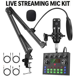 Sound Card Podcast Device Set, Multi-In-One Live Sound Control, BT Connection, RGB Ambient Light, Audio Interface, Bm-800 Condenser Mic