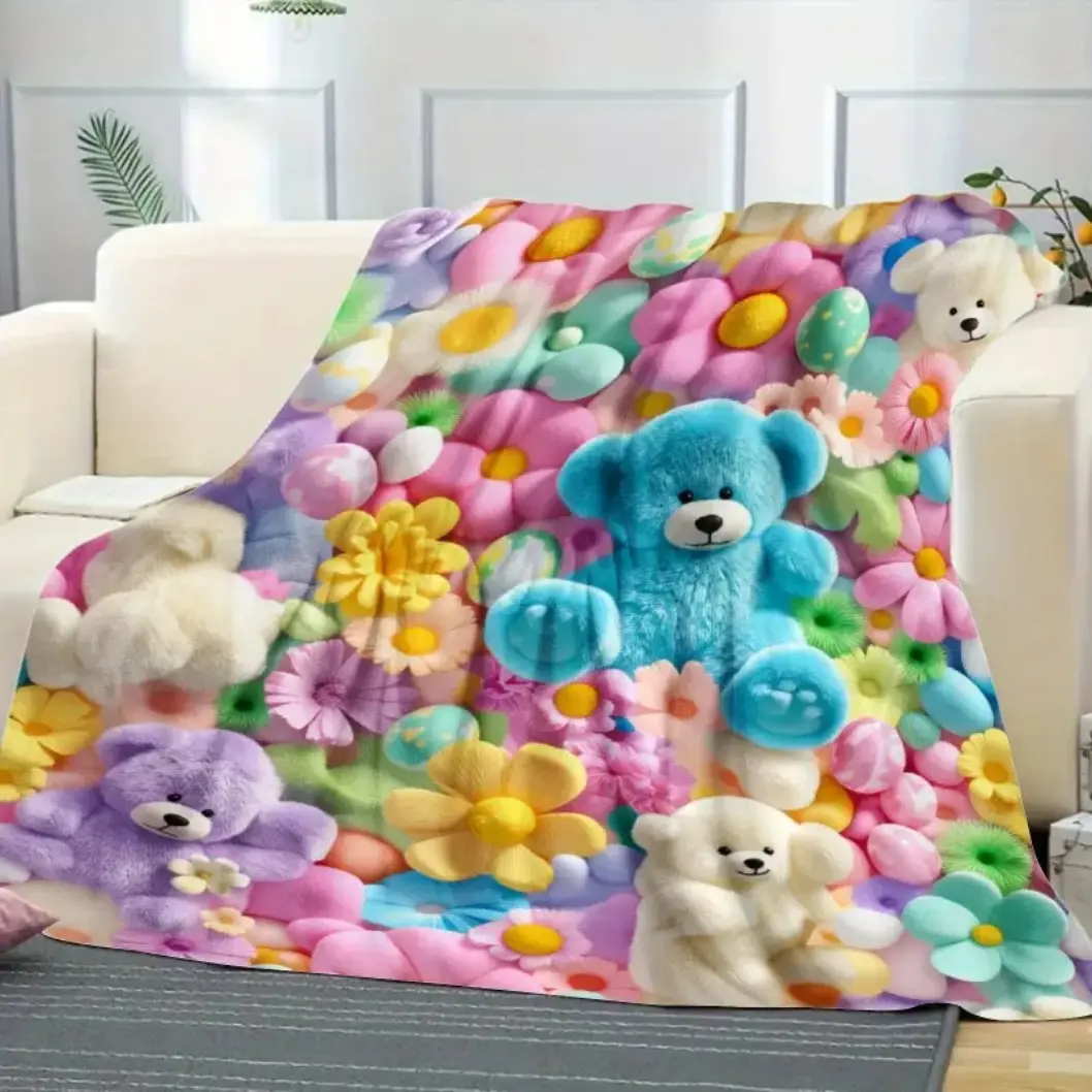 Teddy Pastel Floral Print Flannel Throw Blanket, Kawaii Super Soft Cozy Lightweight Blanket for Kids Adults, Bedroom Sofa Bed Home Decor, Cute Floral Gift Item, Throw Blankets, Blankets