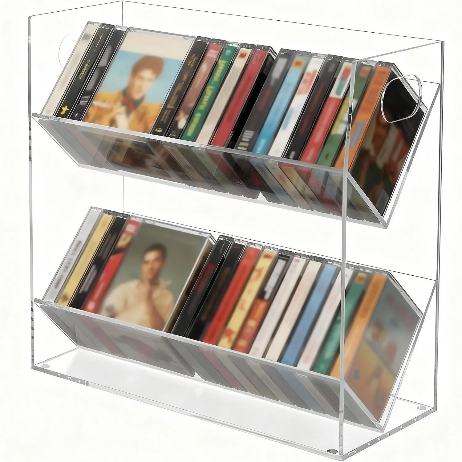 Clear Acrylic Cassette Tape Holder Modern 2 Tier Retro Audio Tape Deck Storage Display Rack Case with Cutout Handles for Desks Shelves Living Rooms Studios Workspaces(Clear)