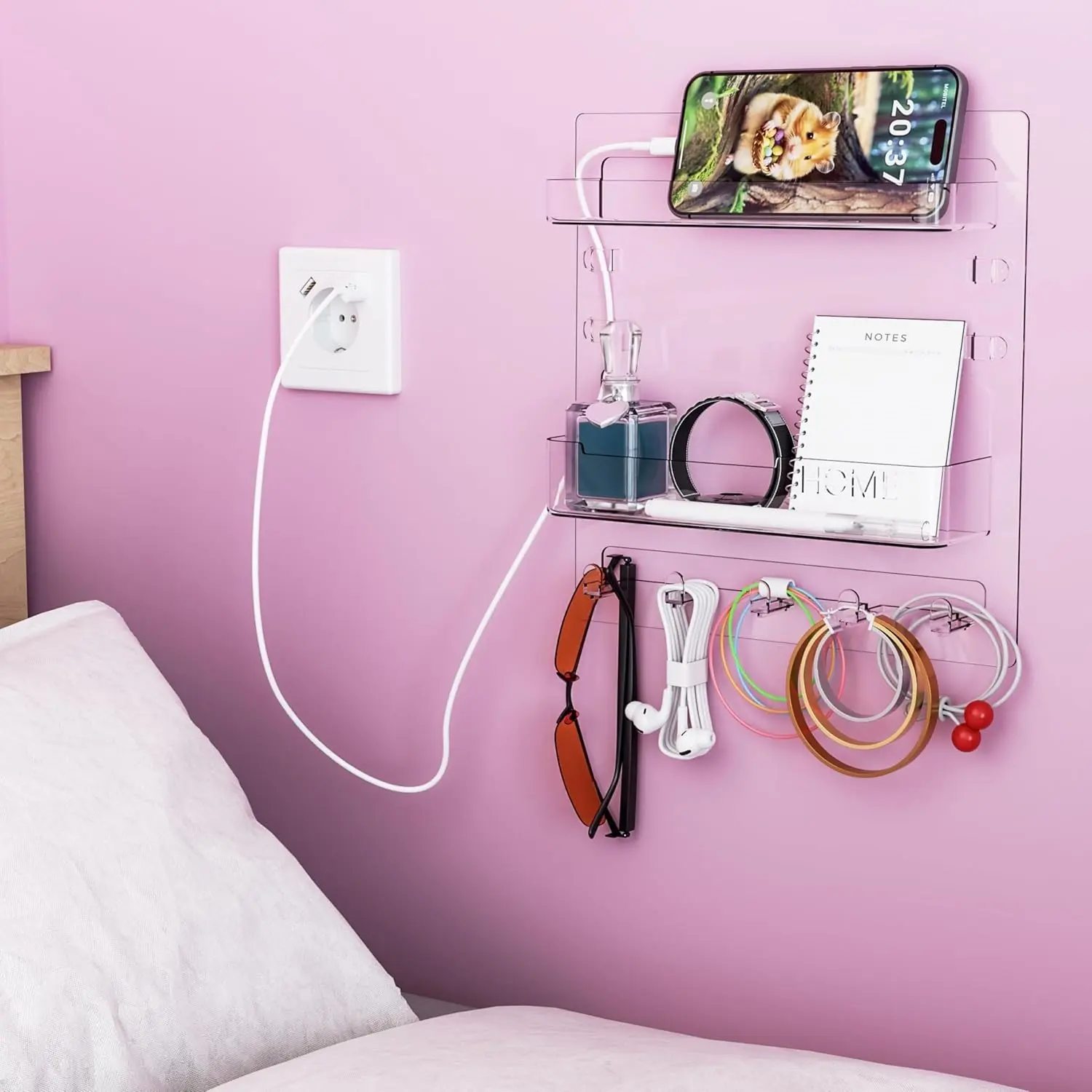 Bedside Wall Organizer for Bedroom,Rv,Small Rooms,Nightstand and Bedside Wall Shelf for Earphone,Glasses,Remote Control,Phone Charging Shelf,Dorm Decor for College Girls and Teen Girl,Clear