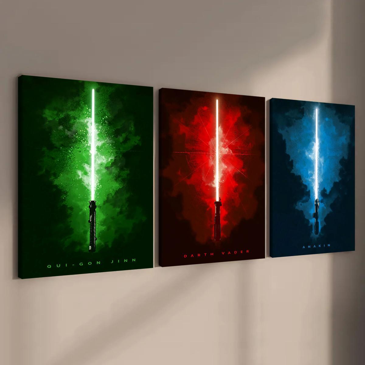 Wooden Framed Canvas Painting, 3 Counts/set Lightsaber Pattern Wall Art, Unique Artwork, Modern Wall Decor for Home Living Room Bedroom Office Illustrations, Decoration