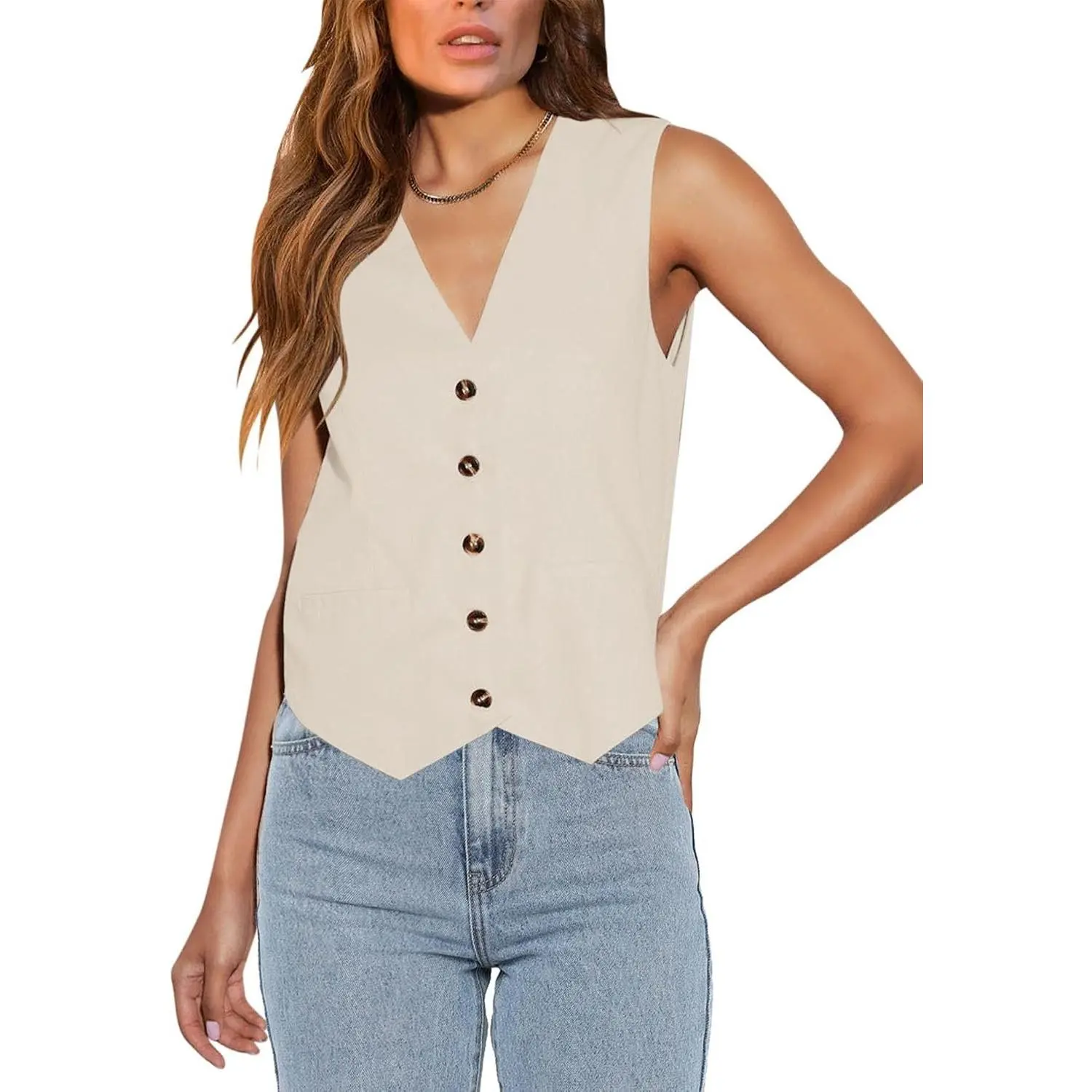 Women's Business Button Up V Neck Vest Casual Fully Lined Sleeveless Jacket Waistcoat with Pocket
