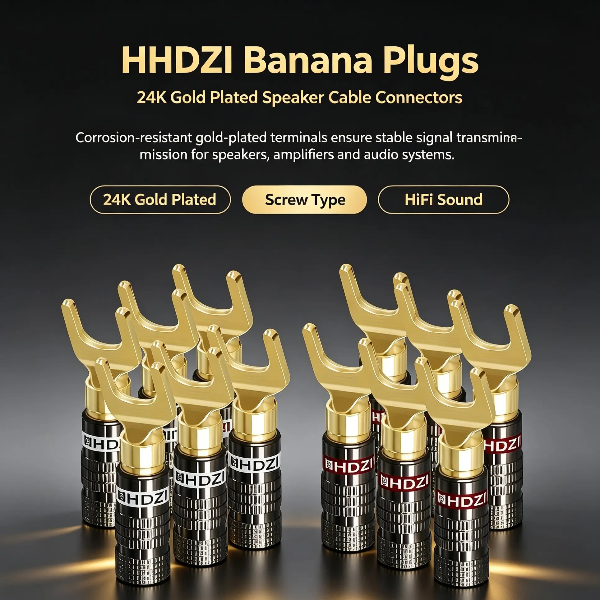 24k Gold Plated Y-Type Audio Banana Plug, High Conductivity, Secure Connection, Ideal for Amplifiers, Hi-Fi Systems, Home Theater