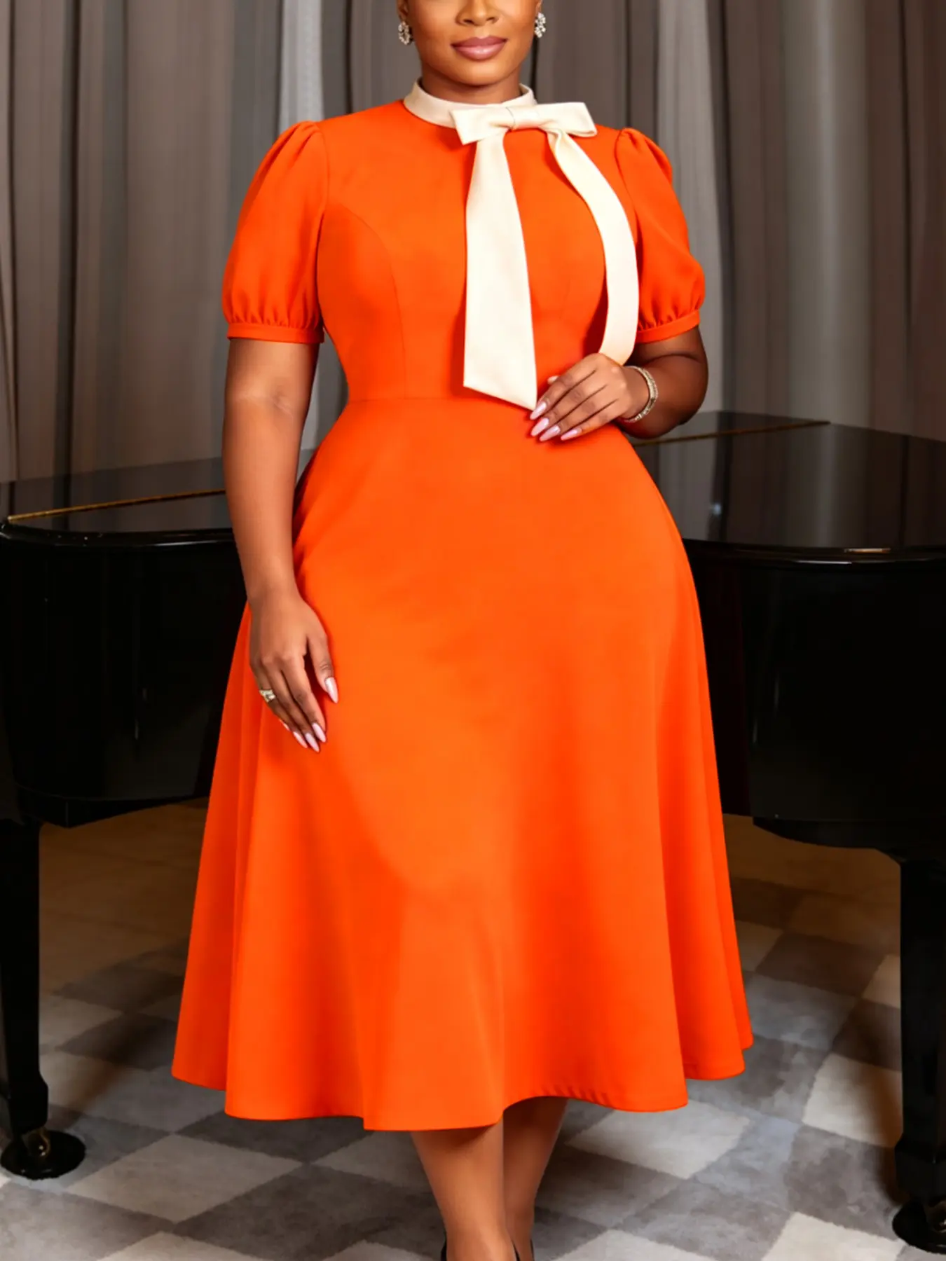 Plus Size Elegant A Line Midi Dress, Bow Tie Stand Collar, Short Puff Sleeves, High Waist Slim Fit, Perfect for Church, Wedding, Summer Outfits, Chic, Wedding Attire